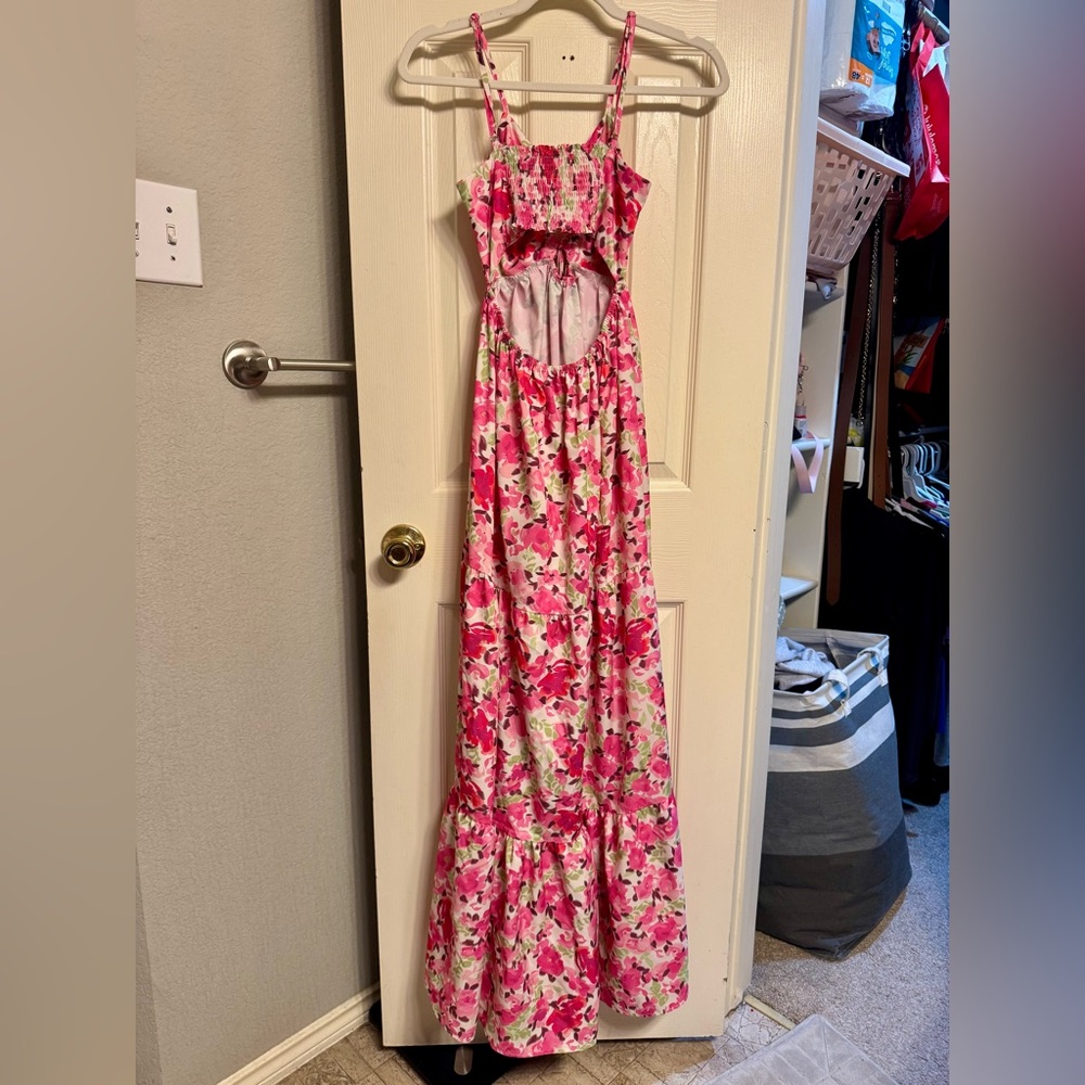 Vibrant Floral Maxi Dress w/ Cross Up Tie Front - Picture 3 of 4